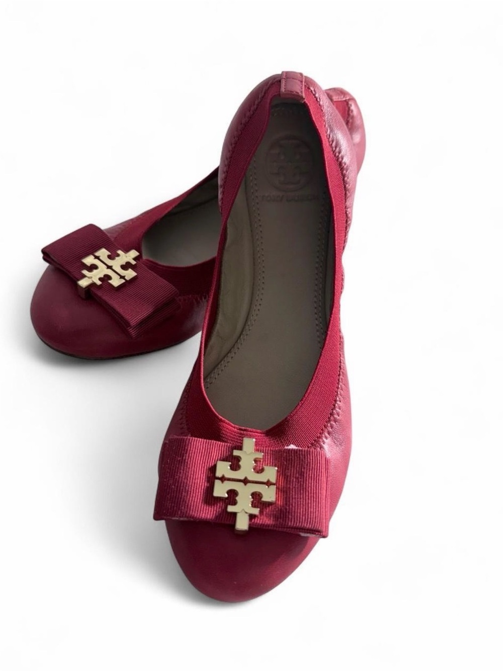 New Tory Burch Red Grosgrain Bow Logo Ballet Flats